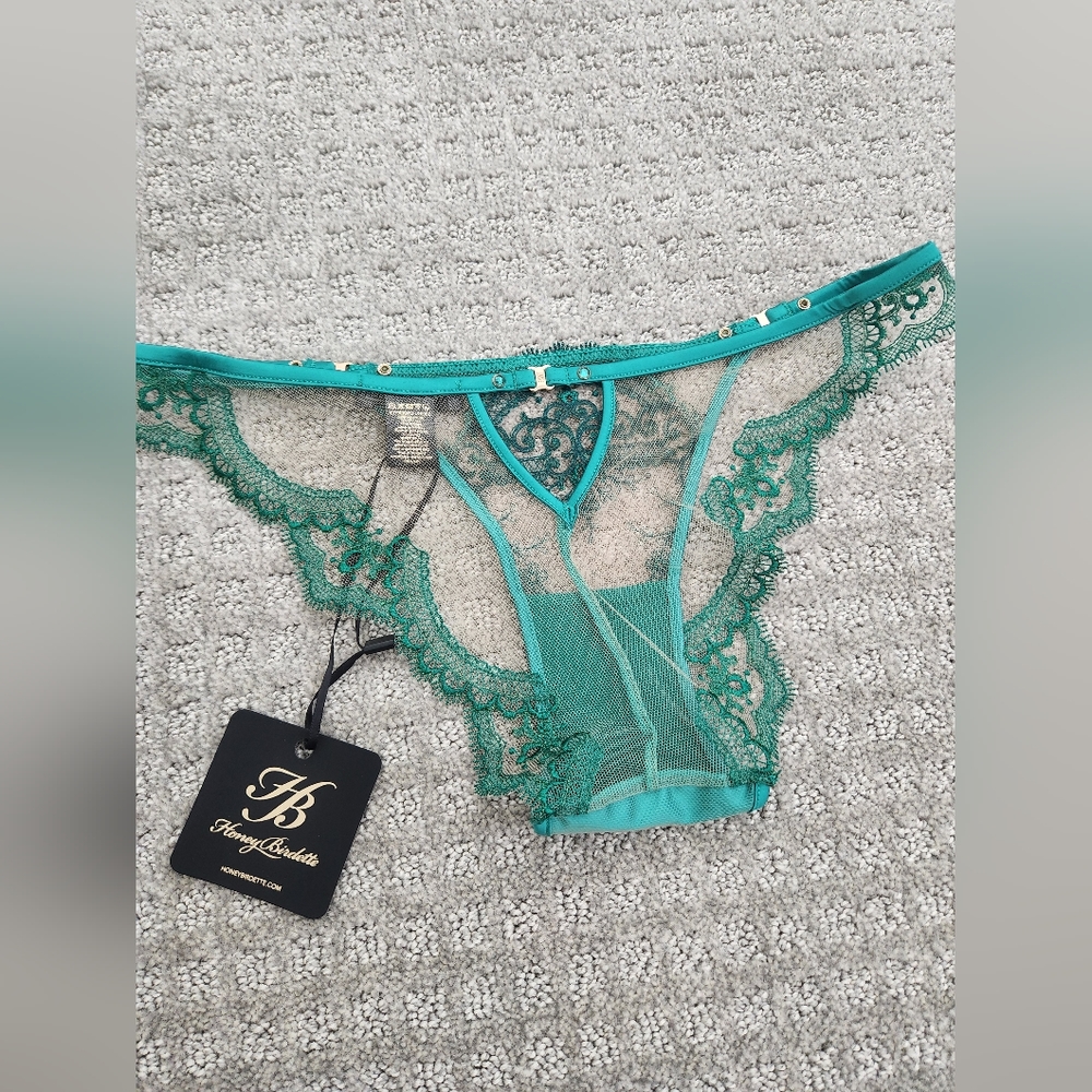 💋SET💋 Honey Birdette Gabrielle Emerald 32DD Brief Panty Small + Garter S NWT - Picture 10 of 12